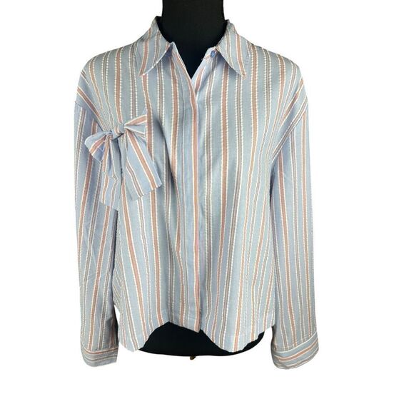 Nanette Lepore Women's Large White Stripe Bow Poplin Button-Up Shirt blouse - Picture 2 of 10
